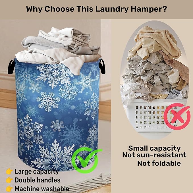 Winter Snowflakes Large Clothes Hamper Bag - Laundry Basket with Handles, Space Saving Foldable Design for Nursery