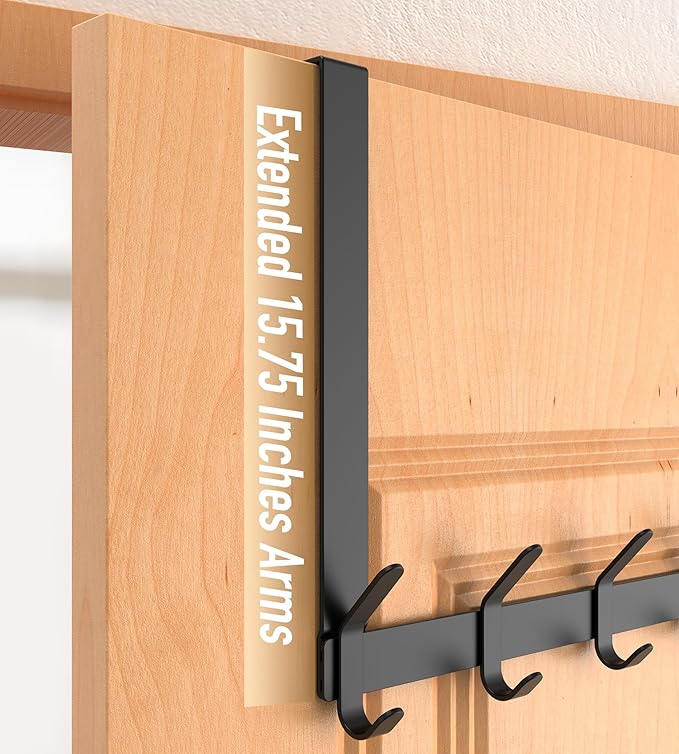 Long Over The Door Hooks Hanger with 15.75" Arms for Easier Access by Shorter, J16U, Perfectly Fits US Standard 1 3/4-inch Doors, Towel Rack Bathroom Organizer Holder, Rustproof, Black