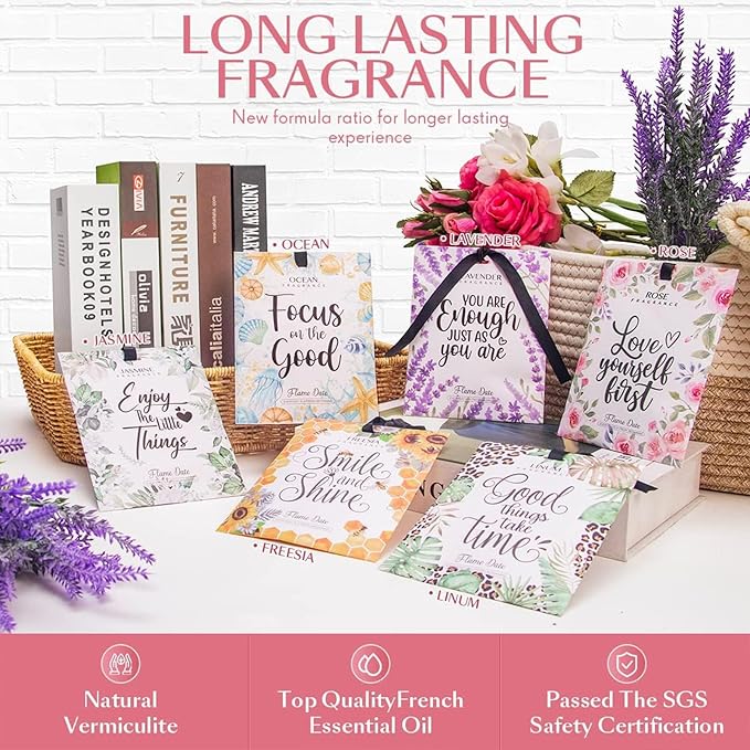 9 Pack Inspirational Scented Sachets - Valentines Day Girlfriend Gifts for Wife | Natural Moth Repellent for Closets, Air Freshener for Home | Shoe & Car Deodorizer for Drawer(Lavender, Jasmine, Rose)