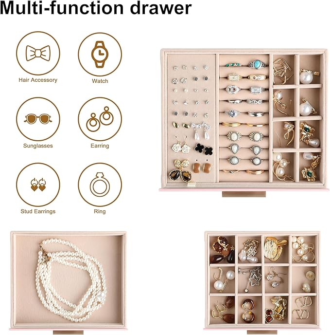 Frebeauty Clear Lid Jewelry Box,3-Layer Jewelry Organizer with Drawer,PU Leather Jewelry Organizers and Storage,Jewelry Boxes for Women,Jewelry Storage for Rings Earring Stud,Gift for Women(Pink)