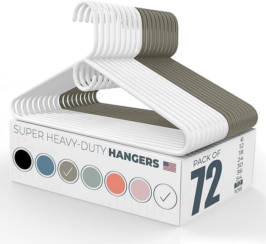 Neaties Super Heavy Duty Clothes Hangers 50+ Pack (72 Count) – Made in The USA - 10lb Capacity, Thick Plastic Hangers for Pants, Coats, Jackets, Jeans and Adult Clothing – White & Gray