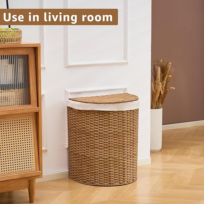 Wicker Half Moon Laundry Basket with Lid and 2 Replaceable Liner Bags, Handwoven Rattan Hamper for Dirty Clothes, Rattan, 90L