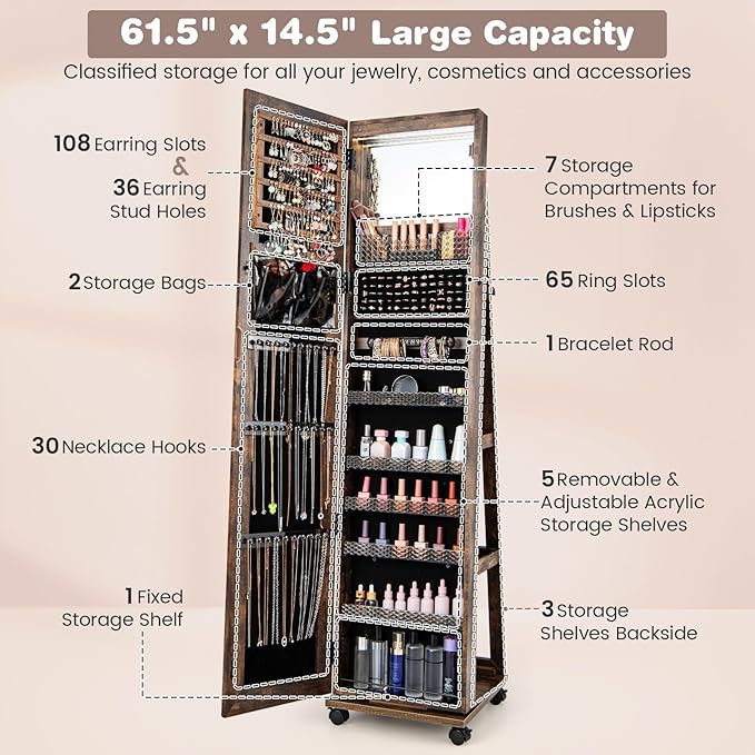 CHARMAID Jewelry Cabinet Armoire with Wheels, 64" H Full Length Mirror, 3-Color LED Lights, Height Adjustable Shelves, Lockable Standing Jewelry Organizer with Back Storage Shelves (Rustic Brown)