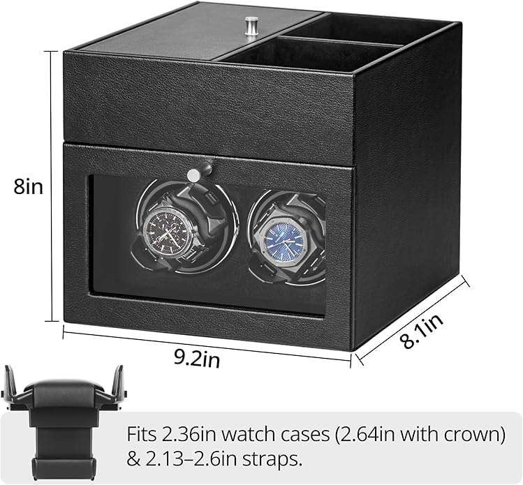 LLS Automatic Double Watch Winder with Storage Box, Japanese Quiet Motor, Adjustable Watch Pillows, Black PU Leather