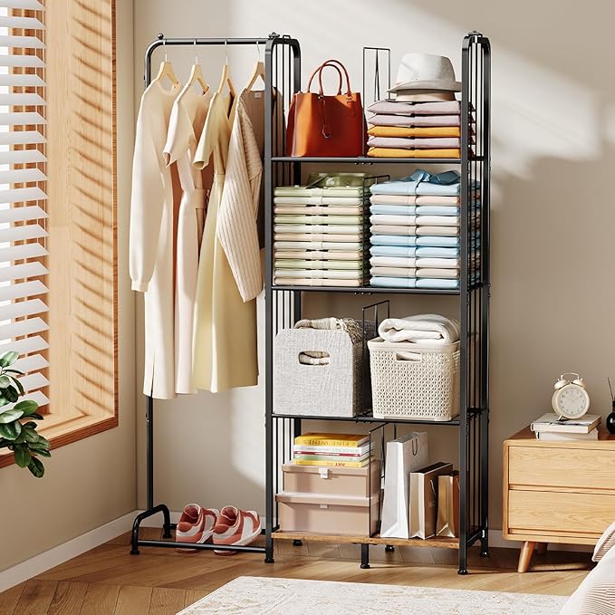 4 Tier Hanging Closet Organizer Separable Hanging Closet Shelves with 4 Adjustable Dividers Freestanding Wardrobe Closet Organizer for Clothing Sweaters Shoes Handbags Clutches Accessories