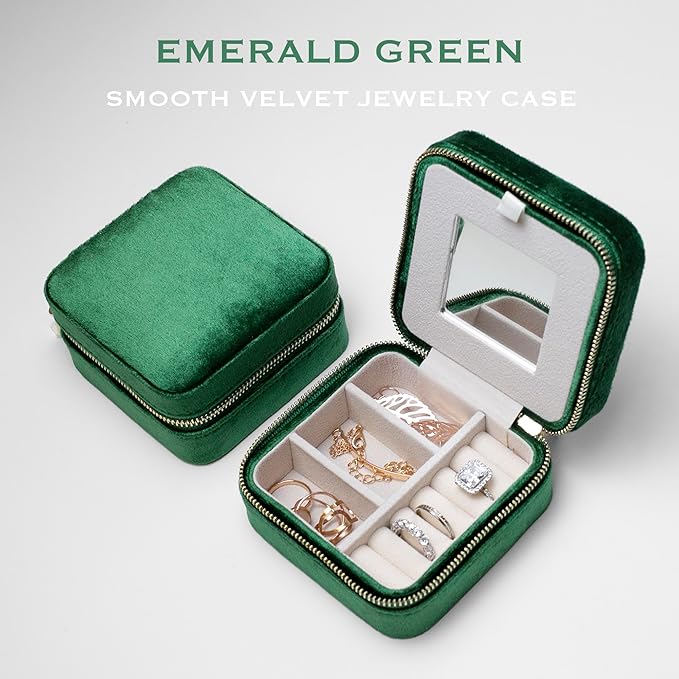 Customizable Compact Velvet Jewelry Box with Mirror, Travel Jewelry Case, Travel Jewelry Organizer, Jewelry Box for Women and Girls, Small Jewelry Organizer (Bottom Right Text, Emerald Green)