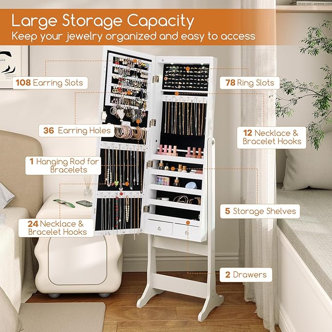 Giantex Standing Jewelry Armoire, Lockable Jewelry Cabinet with Full Length Mirror, LED Lights, 4 Tilt Angle Adjustable, Mirror with Jewelry Storage, Standing Jewelry Organizer with Drawers, White