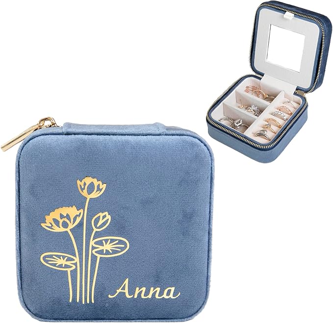 Customizable Compact Velvet Jewelry Box with Mirror, Travel Jewelry Case, Travel Jewelry Organizer, Jewelry Box for Women and Girls, Small Jewelry Organizer (Floral Design, Coral Blue)