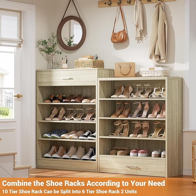 Aheaplus Tall Shoe Cabinet, 10 Tiers Wood Shoe Rack, Vertical Shoe Storage Organizer with 2 Drawers, Narrow Shoe Shelf Tower for 24-28 Pairs, Space Saving, for Closet, Entryway, Bedroom, White Oak