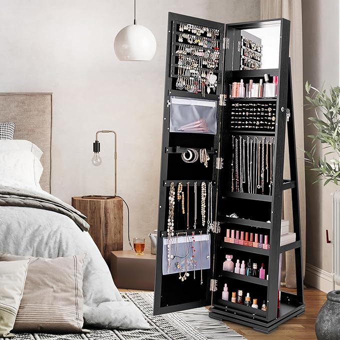 360° Swivel LED Mirror Jewelry Cabinet with Full Length Mirror, Lockable Floor Standing Mirrored Jewelry Armoire Organizer w/Inside Makeup Mirror & Back Storage Shelves, Space-Saving (Black)