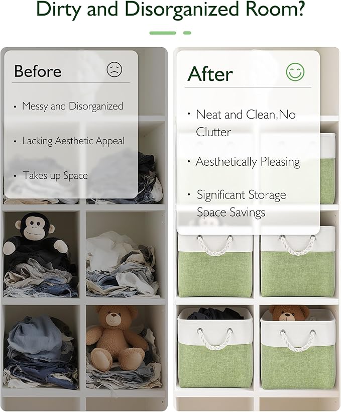 11 Inch Storage Cubes 6-Pack, Foldable Fabric Organizer Bins with Rope Handles, Cube Storage Baskets for Closet Shelves and Home Organization(White/Green)