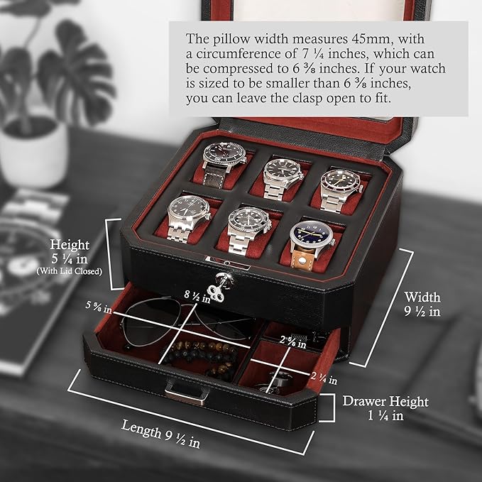ROTHWELL 6 Slot Leather Watch Box with Valet Drawer - Luxury Watch Case Display Organizer, Microsuede Liner, Locking Mens Jewelry Watches Holder, Men's Storage Boxes Holder Large Glass Top (Black/Red)