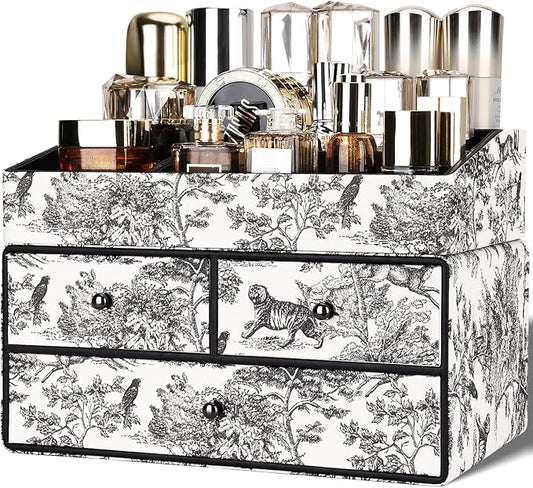 GORESE Leather Makeup Organizer with 3 Drawers for Vanity, Stackable Skincare Holder Dresser Organizer Countertop, Make Up Storage Organizers Counter Cosmetic Display Case Gift for Women(Retro Black)
