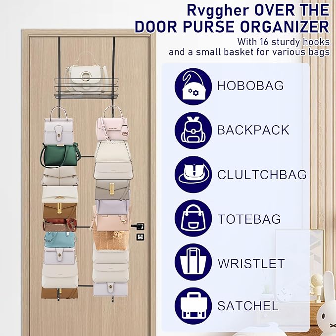 Over the Door Purse Organizer with 16 Hooks and Storage Basket, Wall Mounted Handbag Organizer, Purse Organizer for Closet Holds up to 16 Bags, Purse Holder for Door Has Split Design