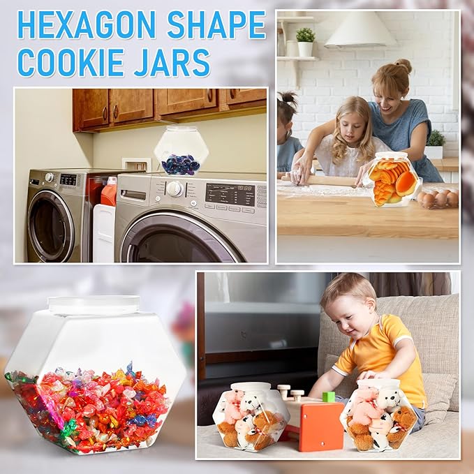 Uiifan 1 Piece Plastic Candy Jar with Lid Cookie Jar Clear Hexagonal Fish Bowls Containers for Snacks, Dog Food, Desk Pet, Craft and Sewing Supplies, Coffee Pod, Laundry Pod Storage Display(210 oz)
