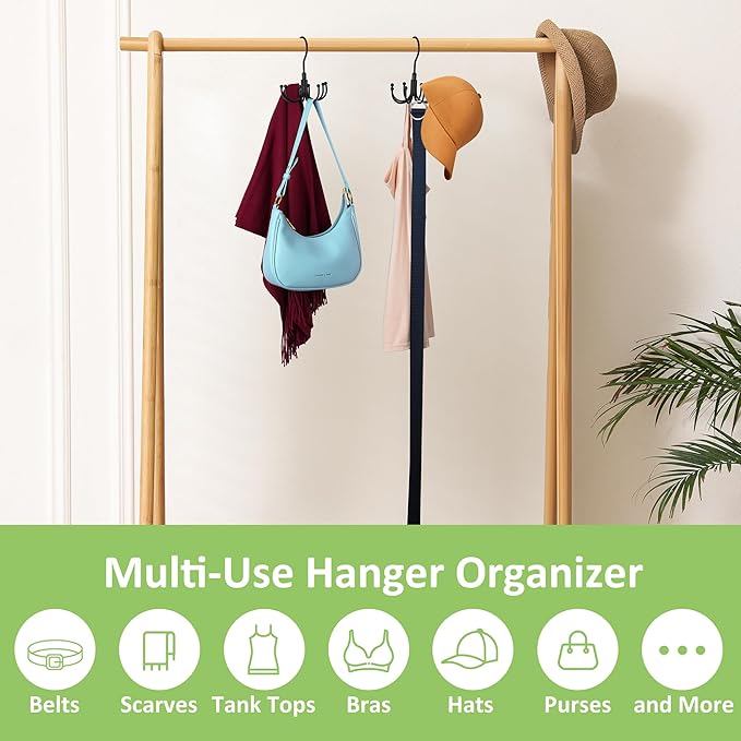 Belt Hanger, Rotatable Belt Organizer for Closet, Accessories Rack, Space Saving Hanging Holder Storage Hook for Belt, Tie, Scarf, Purse, Bra, Tank Top, Black