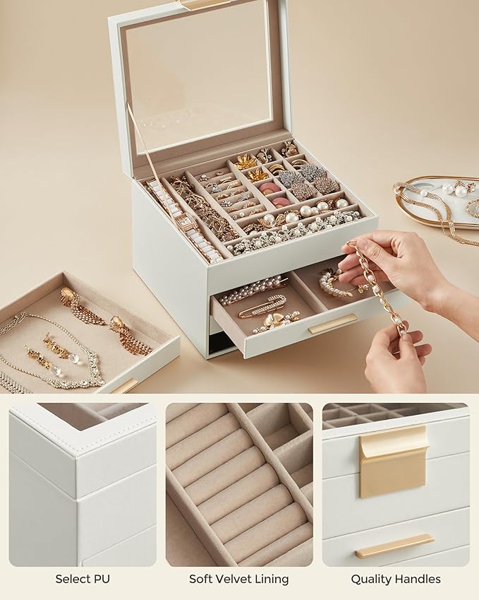 SONGMICS Jewelry Box Organizer with Glass Lid, 4-Layer Jewelry Storage, with 3 Drawers, Modern Style, 8 x 9.1 x 6.5 Inches, Cloud White and Gold Color UJBC173W01