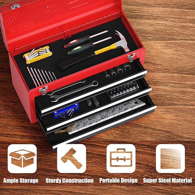 IRONMAX Portable Tool Box, 20.5’’ Lockable Steel Tool Chest Cabinet w/Comfortable Handle & 3 Drawers, Heavy Duty Storage Toolbox Tool Organizer for Garage, Warehouse, Home (Black+Red)