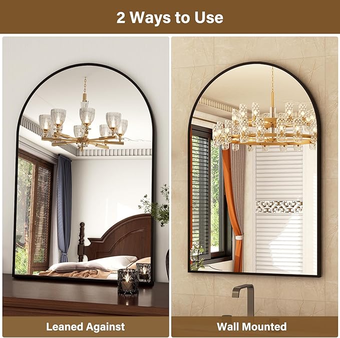 26"x38" Arched Wall Mirror for Bathroom, Black Vanity Mirror for Bedroom, Living Room, Entryway, Decorative Hanging Mirror for Wall