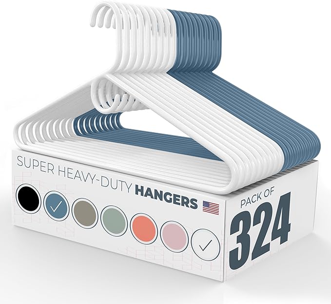 Neaties Super Heavy Duty Clothes Hangers 100+ Pack (324 Count) – Made in The USA - 10lb Capacity, Thick Plastic Hangers for Pants, Coats, Jackets, Jeans and Adult Clothing – White & Blue