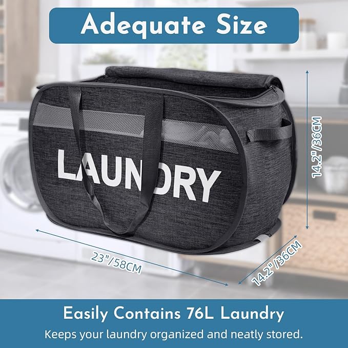 Collapsible Laundry Basket 2 pack, Foldable Pop Up Black Laundry Baskets Mesh with Lid & Handle, Pop Up Collapsible Laundrys Hamper, Fabric Laundrys Baskets for Dorm, Travel, Bathroom