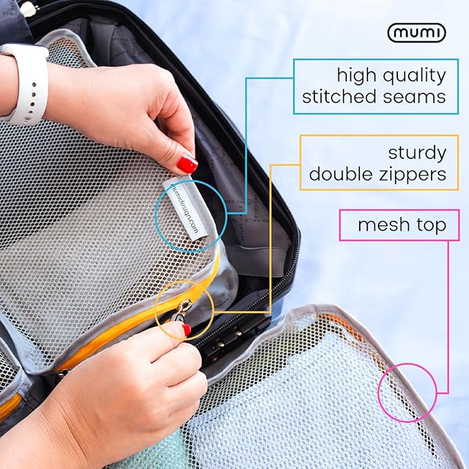 MUMI Packing Cubes - 5 Compression Packing Cubes for Travel, Luggage Organizer Bags for Suitcases, Carry-On, Duffle or Backpack – Mesh, Waterproof Bags for Clothes, Kids & Travel Accessories - Orange
