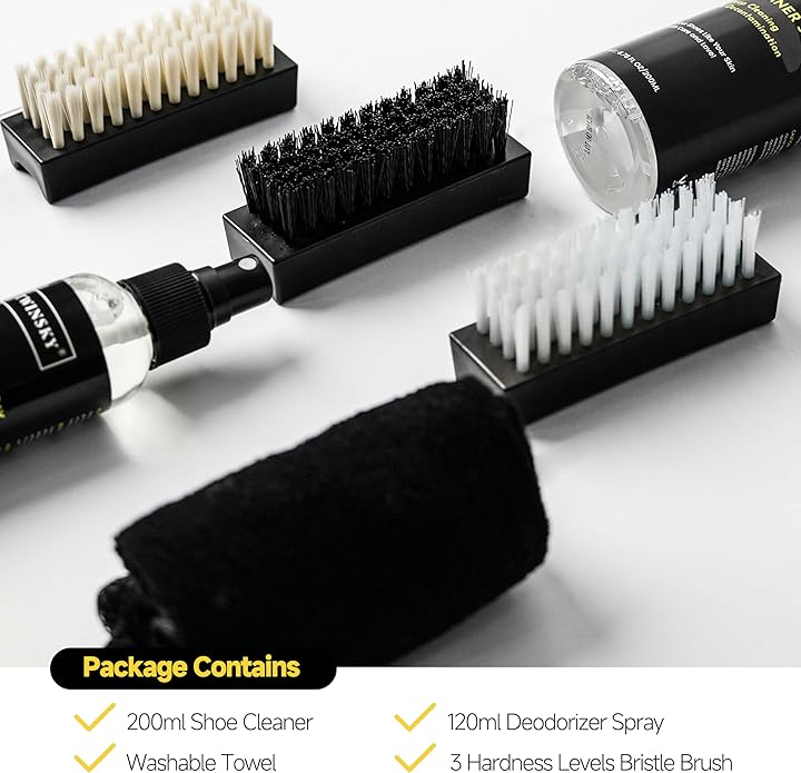 Shoe Cleaner Kit for Sneaker, Canvas, Mesh, Nubuck, Leather, Suede Cleaner, Safe 10X Potent Cleaning Kit, with Shoe Deodorizer Formula Spray for Shoe Odor Elimination, 3 Brushes, Microfiber
