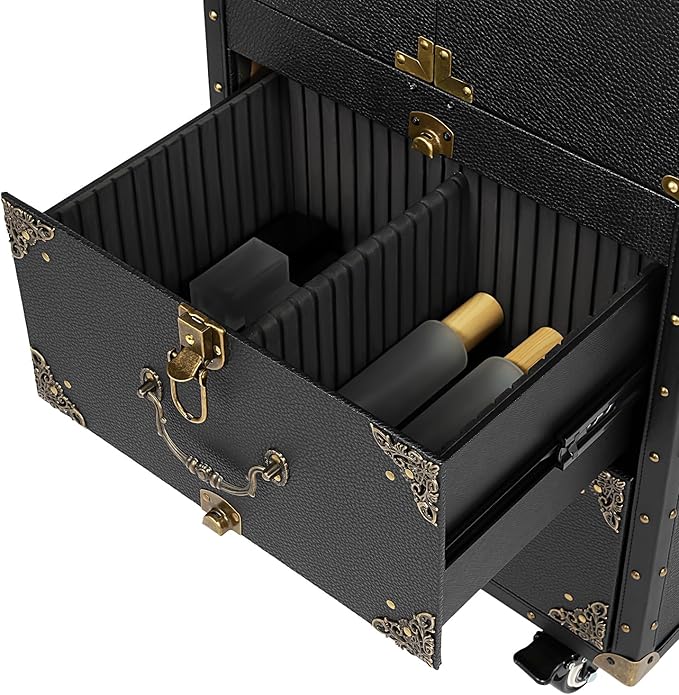 Rolling Lockable Makeup Train Case, Drawer Luggage Suitcase with Makeup Hairdressing Tools Storage, Makeup Beauty Salon Luggage Hairdressing Trolley Travel Organizer Tool Box, Retro Black