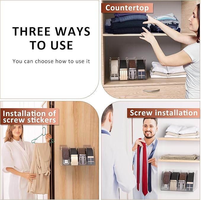 Belt Organizer 4 Compartments, Clear Acrylic Belt Storage for Closet, Wall Mount Belt Holder