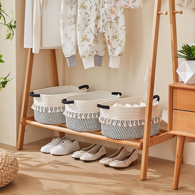 Storage Bins Woven Baskets for Storage Set of 3, Cotton Rope Basket with Handles for Toys/Shelves/Laundry, Rectangle Multi-Purpose Organizer for Living Room, Bedroom, Nursery (White/Black)