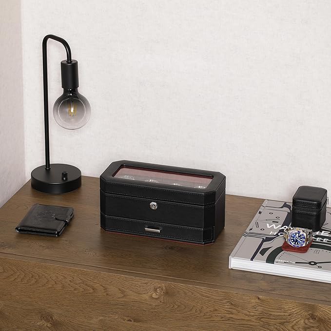 ROTHWELL 4 Slot Leather Watch Box with Valet Drawer - Luxury Case Display Jewelry Organizer, Locking Display Case Holder with Real Glass Top - Watch Box Organizer for Men & Women (Red)