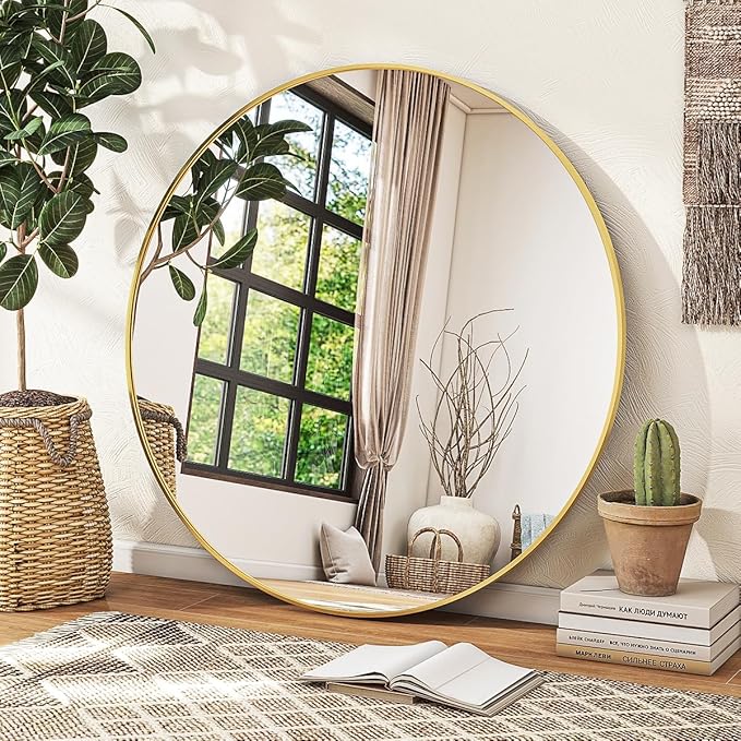 Gold Round Mirror, 24 Inch Circle Bathroom Mirror with Metal Frame, Wall-Mounted for Entryway, Bathroom, Vanity, Living Room