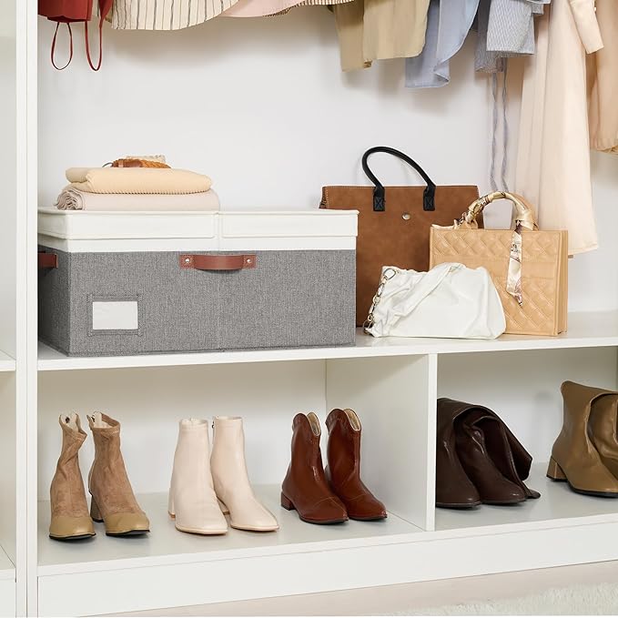GRANNY SAYS Decorative Storage Boxes with Lids, Collapsible Large Closet Storage Bins with Label, Fabric Storage Bins for Clothes, 63L, White&Gray