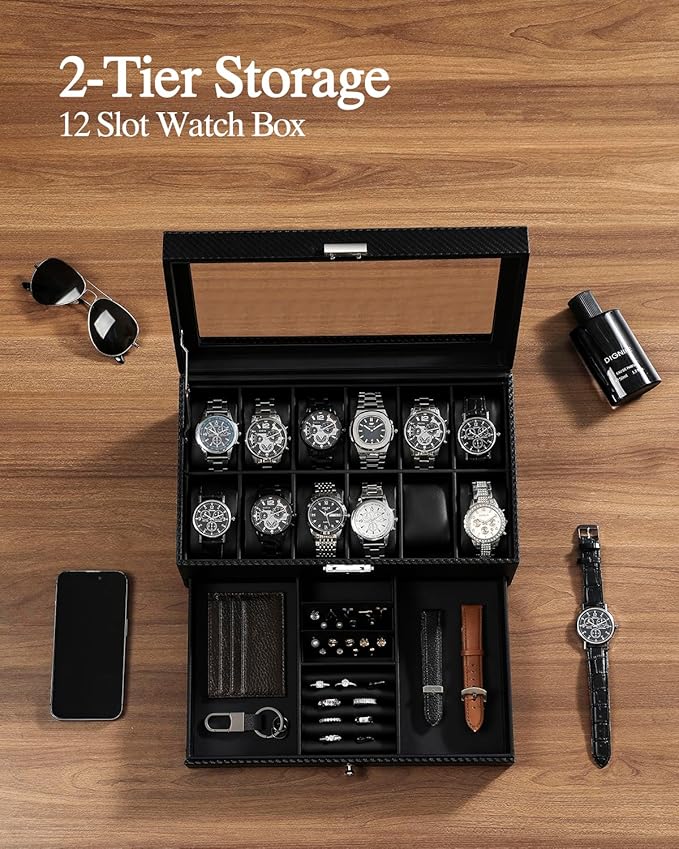 GUKA Watch Box, 12 Slot Watch Case, Watch Cases for men with Real Glass Lid, Synthetic Leather Watch Organizer storage with Jewelry Case, Birthday for Men and Women, Black, GK-012-BKCX