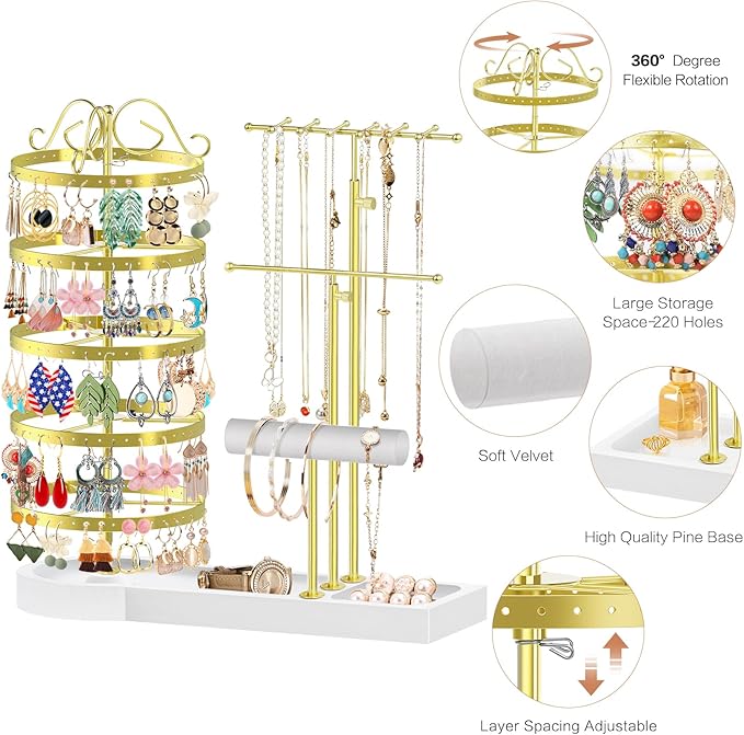 Jewelry Earring Holder Organizer, Adjustable 5 Tiers Rotating Earring Holder 3 Tier Necklace Holder with Wooden Base, Multi-Functional Jewelry Organizer Display Stand for Studs Bracelet Women(Gold)