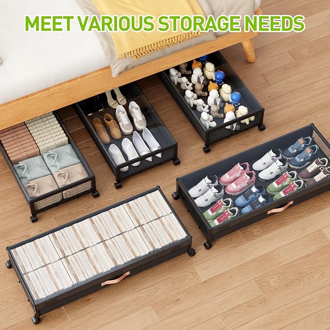 Under Bed Storage with Wheels,2-Pack Under Bed Storage Containers with Clear Lids, XXL 70L Under the bed storage Organizer Bins,Rolling Under Bed Metal Drawer for Clothes,Shoes (36"x16.6"x7.28")
