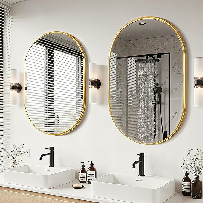 Oval Bathroom Mirror for Wall, 2 Pack 24"x36" Bathroom Vanity Mirror for Over Sink, Bedroom, Living Room, Entryway, Metal Frame & HD Shatterproof Glass, Wall Mounted Horizontally or Vertically(Gold)