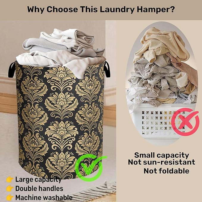 Golde Black Damask Flowers Laundry Basket - Extra Large Foldable Washable Laundry Hamper with Handles, Storage Bin for Bathroom/Laundry/Bedroom/Dorm