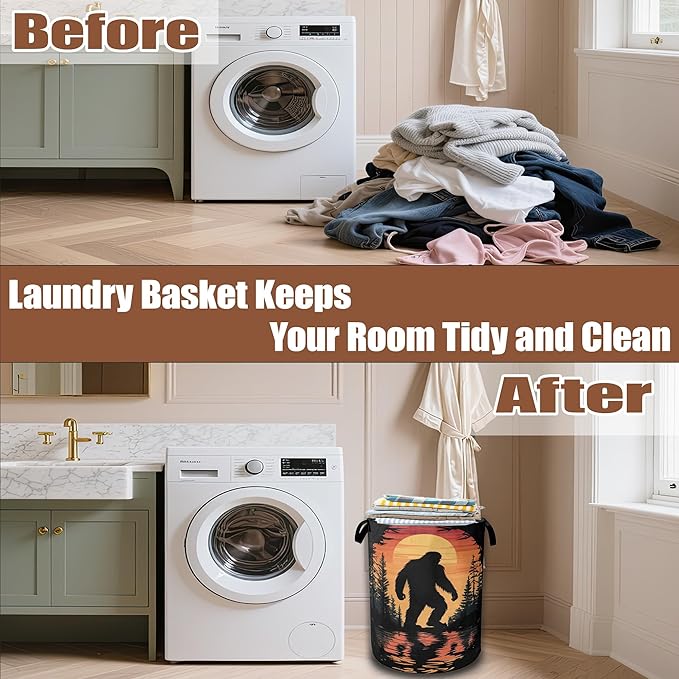 Bigfoot Laundry Hamper,Sunset Forest Laundry Baskets,Waterproof Oxford Cloth Toy Storage for Bedroom,Bathroom,Nursery,16x20.8 Inch