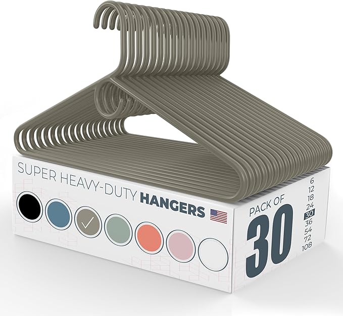 Neaties Super Heavy Duty Clothes Hangers 30 Pack – Made in The USA - 10lb Capacity, Thick Plastic Hangers for Pants, Coats, Jackets, Jeans and Adult Clothing – Gray