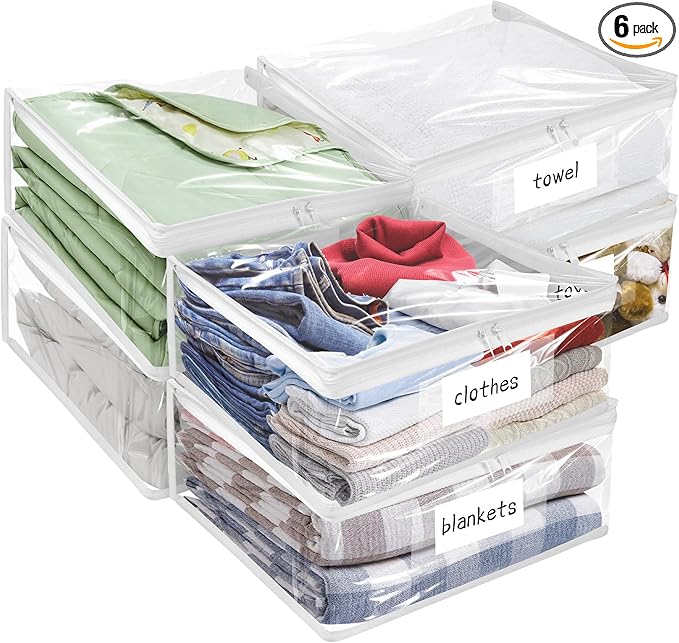 Plastic Storage Bags with Easy-Glide Zipper, Pack of 6, Durable Clear Vinyl Zippered Storage Bags for Clothes Sweaters Comforters Blankets Sheets Bedding (25 x 21 x 11 Inch)