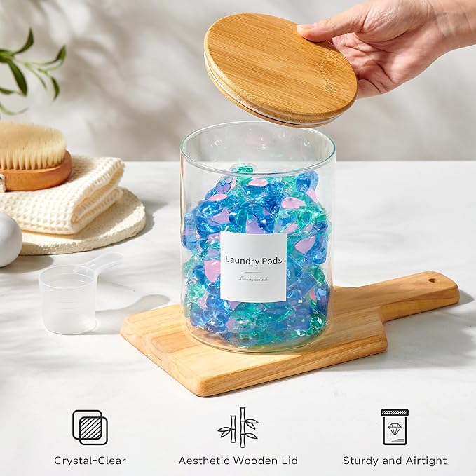 Glass Laundry Pods Container & Acrylic Dryer Sheet Holder with Bamboo Lids, Scoops & Labels | Premium Laundry Room Organization and Storage for Detergent Pods, Powder, Dryer Balls & Beads