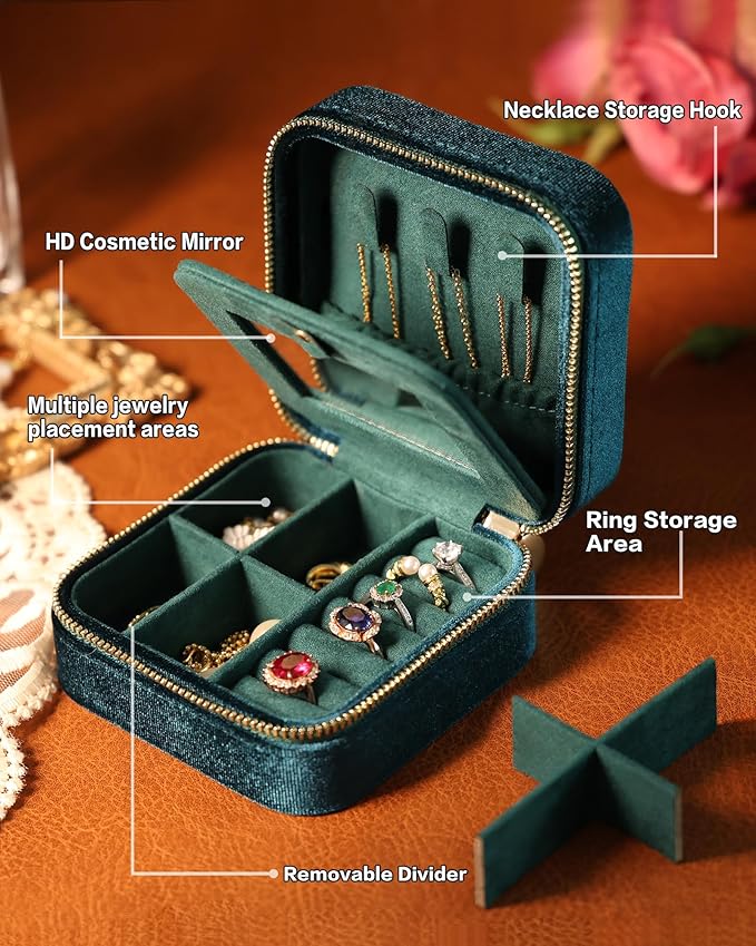 Velvet Jewelry Box – Travel Jewelry Case Organizer with Mirror, Adjustable Compartments for Women | Luxury Storage Case & Gift for Her - Light Blue