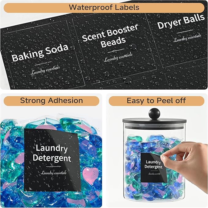 Glass Laundry Pods Container & Acrylic Dryer Sheet Holder with Balck Bamboo Knobs Lids, Scoops & Labels | Premium Laundry Room Organization and Storage for Detergent Pods, Powder, Dryer Balls & Beads