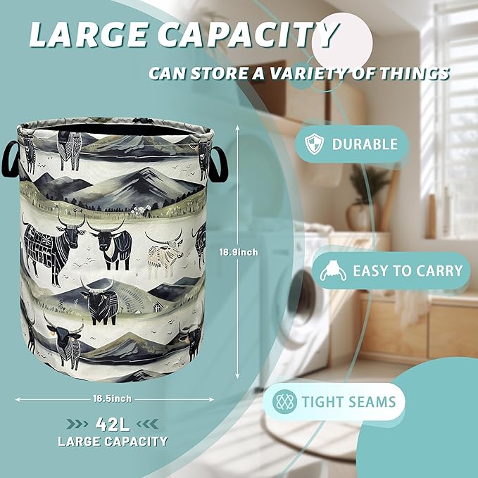 Retro Highland Cattle Laundry Basket With Handles Oxford Cloth Tote Bag Colorful Laundry Hamper 18.9"x16.5 "Foldable Clothes Storage Bucket Organizer For Bathroom/Laundry/Bedroom