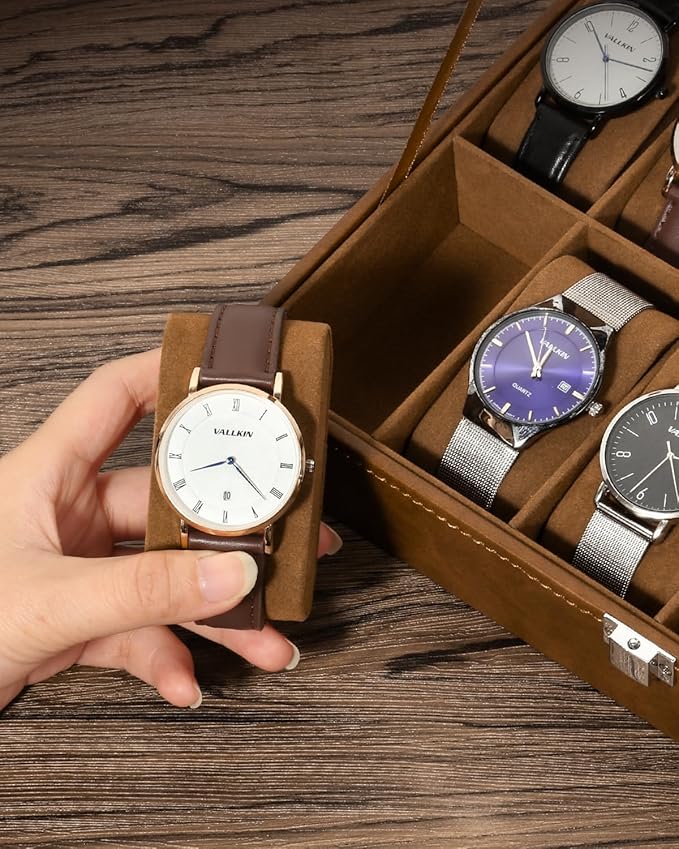 Uten 12-Slot Watch Box, PU Leather Watch Case with Glass Lid, Watch Holder Organizer with Soft Pillow and Velvet Lining, Watch and Jewelry Storage Box, Brown