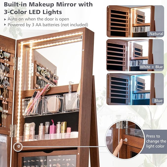 CHARMAID 360° Swivel Jewelry Armoire with Full Length Mirror, Rear Storage Shelves, Lockable Standing Jewelry Cabinet Organizer with Interior Vanity Mirror and 3-Color Lights (Walnut)