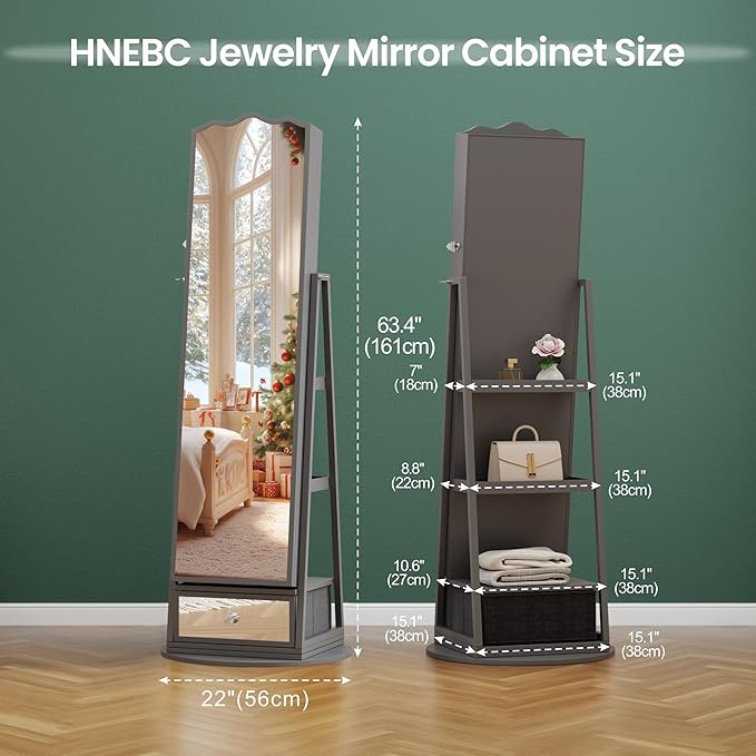 HNEBC 360° Rotating Jewelry Cabinet with Lights, Standing Jewelry Armoire with Mirror, Full Length Mirror with Jewelry Storage, Lockable Lagre Jewelry Organizer Stand for Bedroom, Cloakroom (Grey)