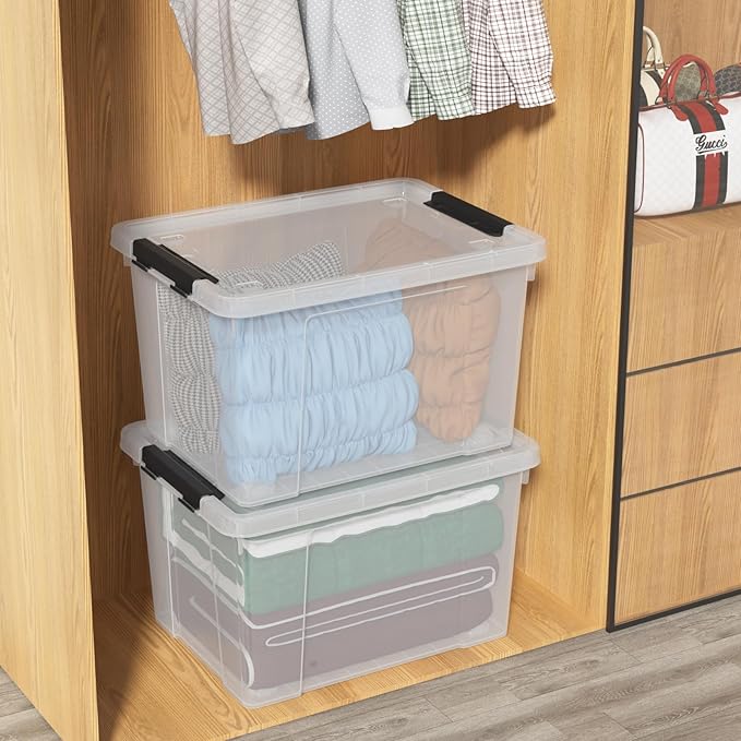 Sandmovie 40 Quart Clear Large Plastic Storage Bin, Latching Storage Box with Lids and Wheels, Pack of 4