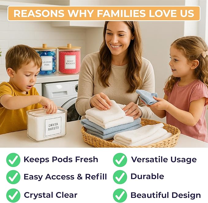 Laundry Pods Containers for Organizing Dryer Sheet Holder & Laundry Jars with Lids, Labels & Scoops - Acrylic Laundry Storage Containers for Powder, Pods, Detergent, Scent Booster